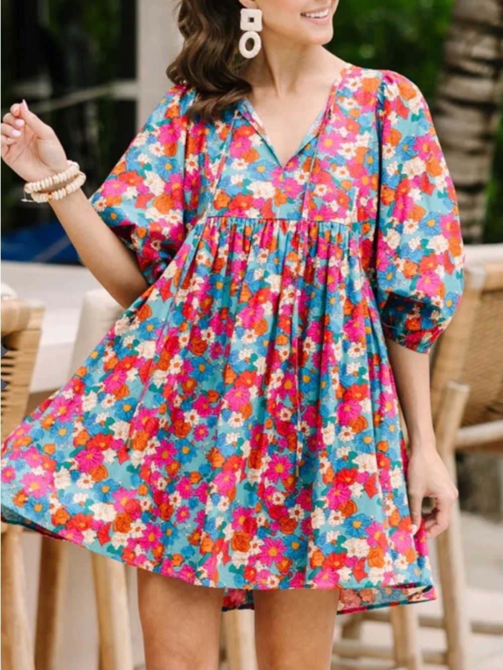 Vibrant Floral Babydoll Dress in Turquoise & Pink